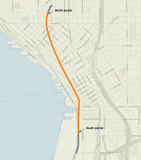 Route map of Alaskan Way Viaduct replacement tunnel