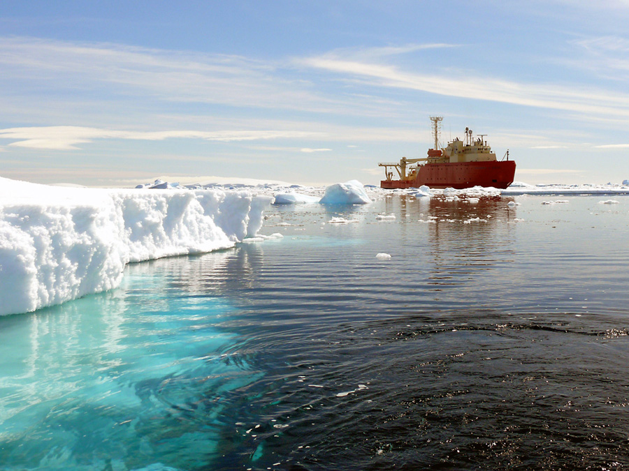 Research vessel in Antarctic waters.