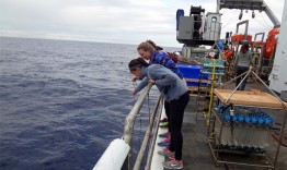 Students onboard the R/V Thompson collect velella velella (by-the-wind-sailors) off the starboard side during the first leg of the expedition.