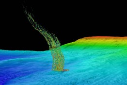 Sonar image of bubbles rising from the seafloor off the Washington coast. The base of the column is 1/3 of a mile (515 meters) deep and the top of the plume is at 1/10 of a mile (180 meters) depth.