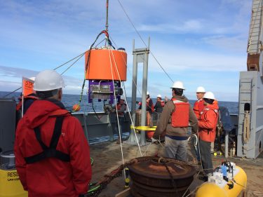The purple edge surrounds an automated laboratory that will analyze seawater for harmful algal species and toxin. Researchers deployed the tool about 13 miles off Washington’s coast.