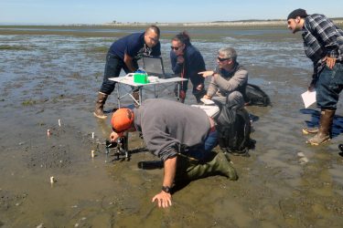Project collaborator Marco Hatch (center, pointing) works with native students to instrument mudflats of Puget Sound for environmental data collection.