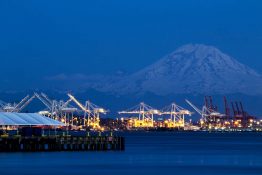 Port of Seattle's shipping terminals with Mount Rainier