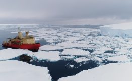 A drone’s-eye view of the R/V Nathaniel B Palmer encountering sea ice in the Southern Ocean.