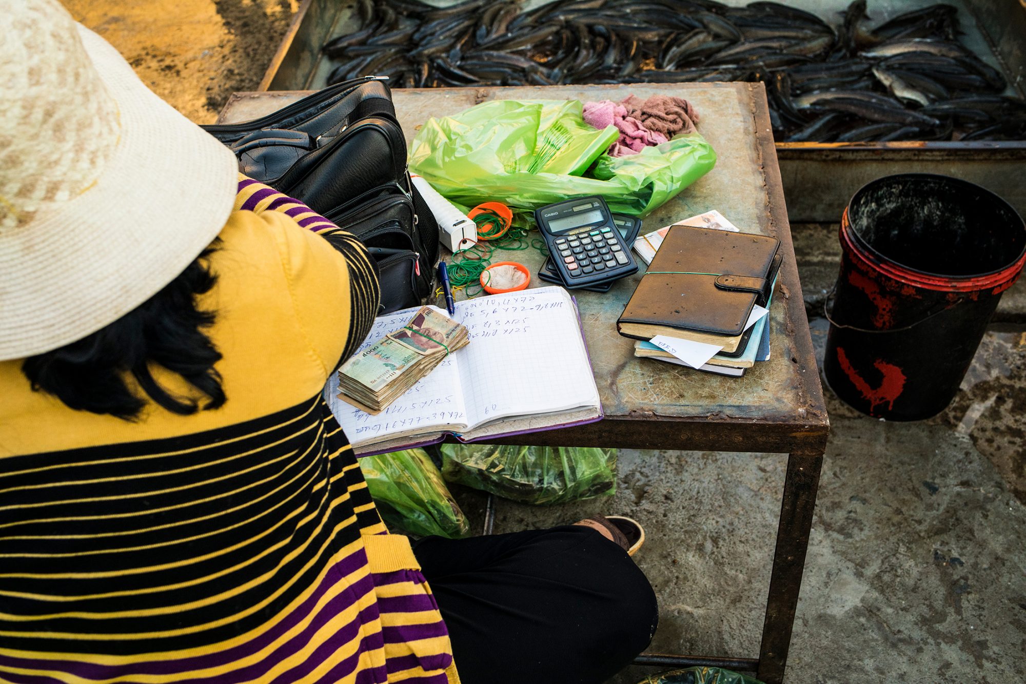 A woman at a busy fish market counts cash and writes sales in her notebook