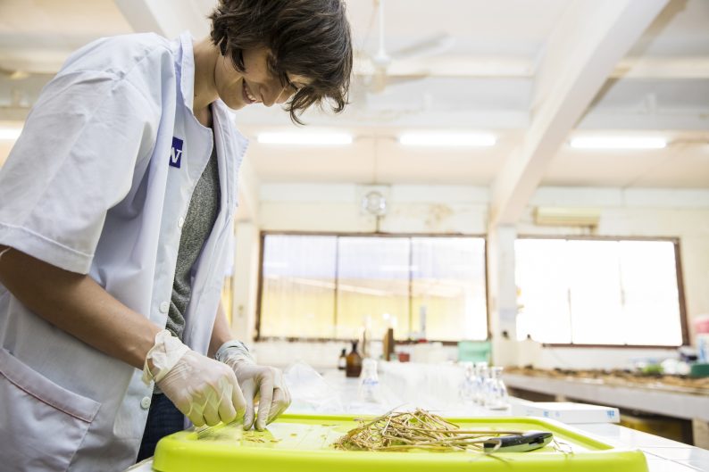 A smiling Yasmine in a lab coat leans over a small pile of rice on a green surface