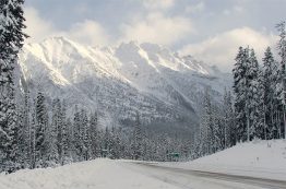 Snowy road with mountain in the North Cascades