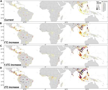 Population in deforested areas with heat exposure corresponding to greater than two hours of safe work time lost at present (top) and with additional global warming. Some of the most-affected areas are in Southeast Asia, Central America and South America.