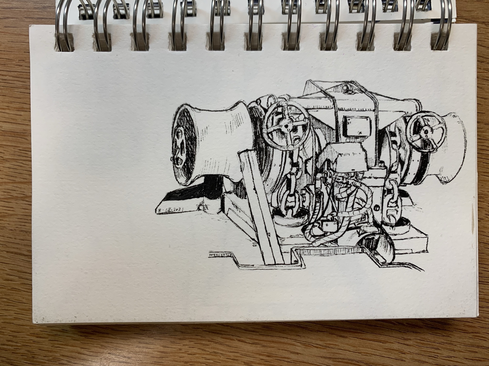 A pen-and-ink drawing of the R/V Thompson’s anchor mechanism.