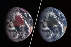 Side by side photos of the Earth, one image has GIS data overlaid