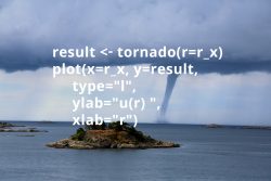 Computer code overlaid on a photo of an island with a tornado in the background.