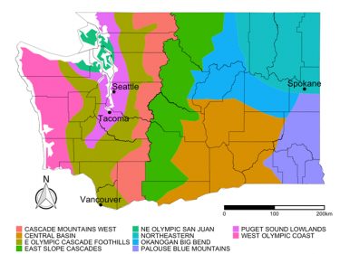 Washington state climate zone map from 1980 to 2018.