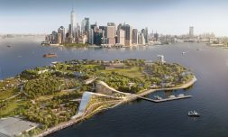 An aerial rendering of the New York Climate Exchange campus on Governors Island.
