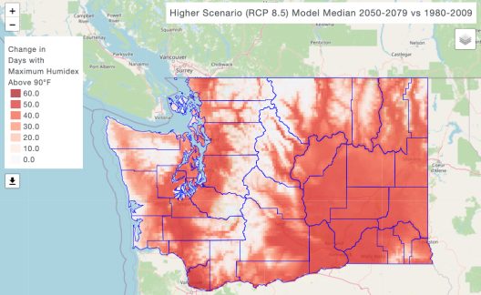 Map model of a higher future greenhouse gas emissions scenario in Washington State.