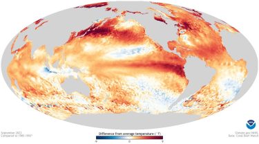 A map of the earth showing average sea surface temperatures