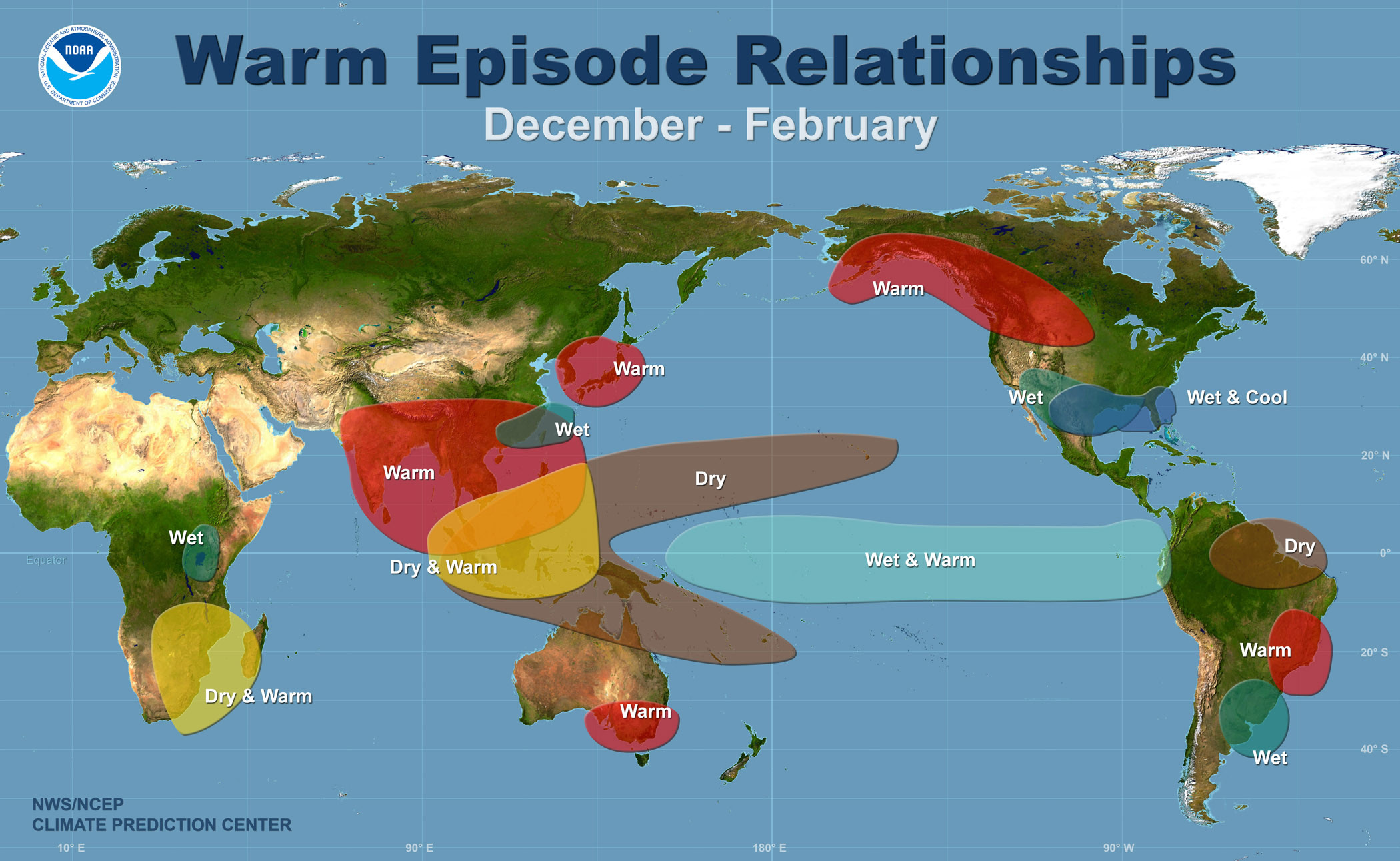 Map showing impacts of El Niño across the globe with abnormally dry, wet, warm or cool weather.