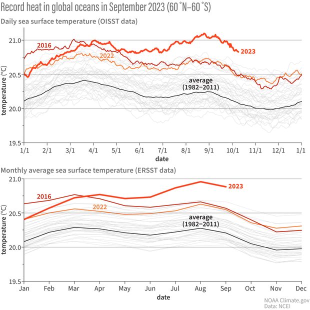 A graph showing Record heat in global oceans in September 2023