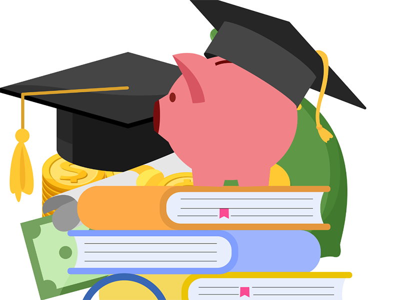 Graphic with books, graduation caps, and piggy banks.