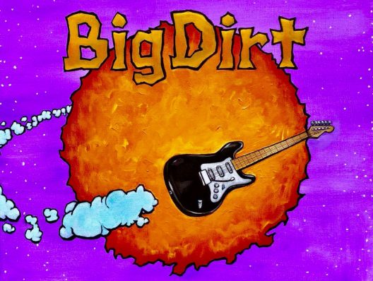 big dirt graphic with a guitar spinning around a ball