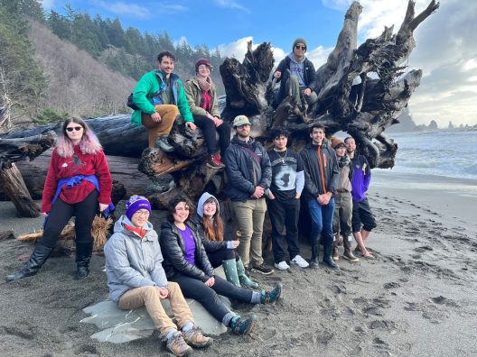people sit and stand along a giant piece of driftwood on the beach.