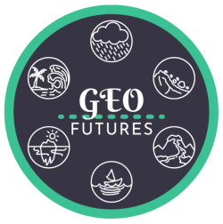 Logo for Geo-Futures: Six icons showing natural processes, in a circle around the words GEO Futures.